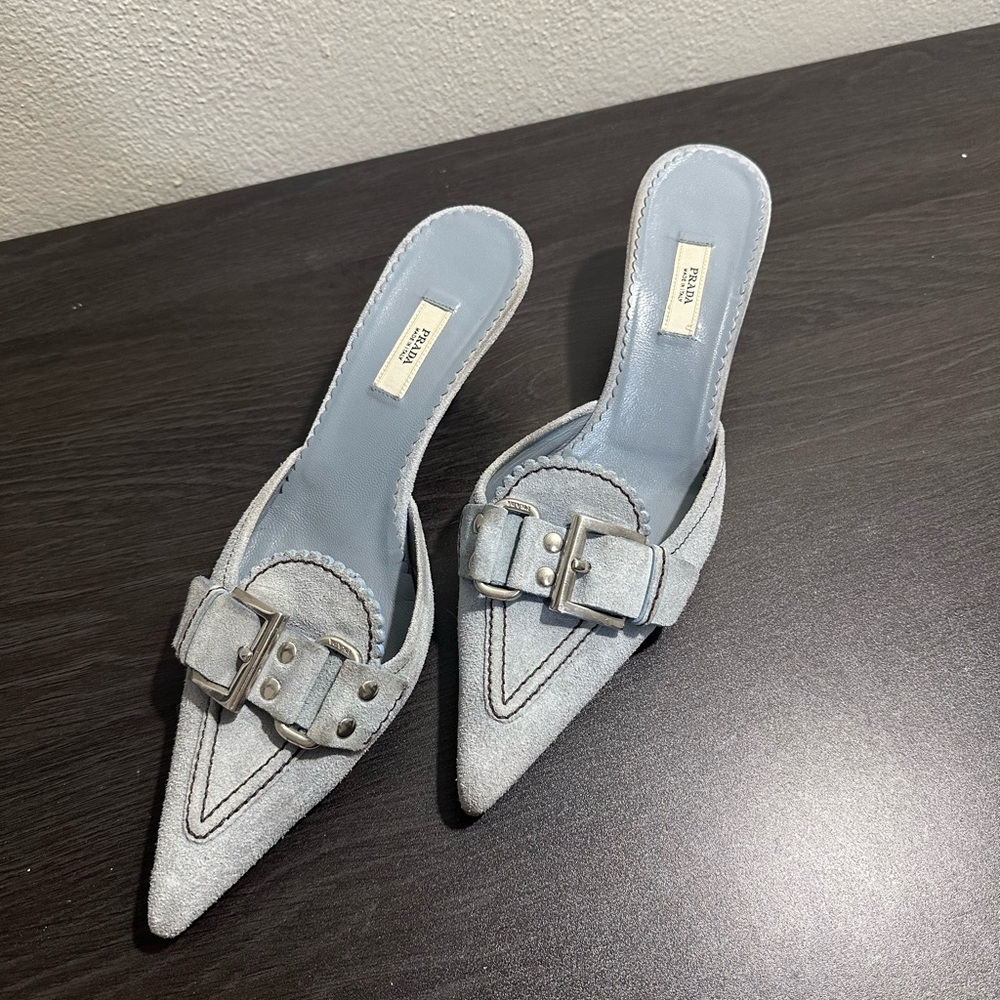 Prada Gray Blue Mules with Kitten Heel and Buckle